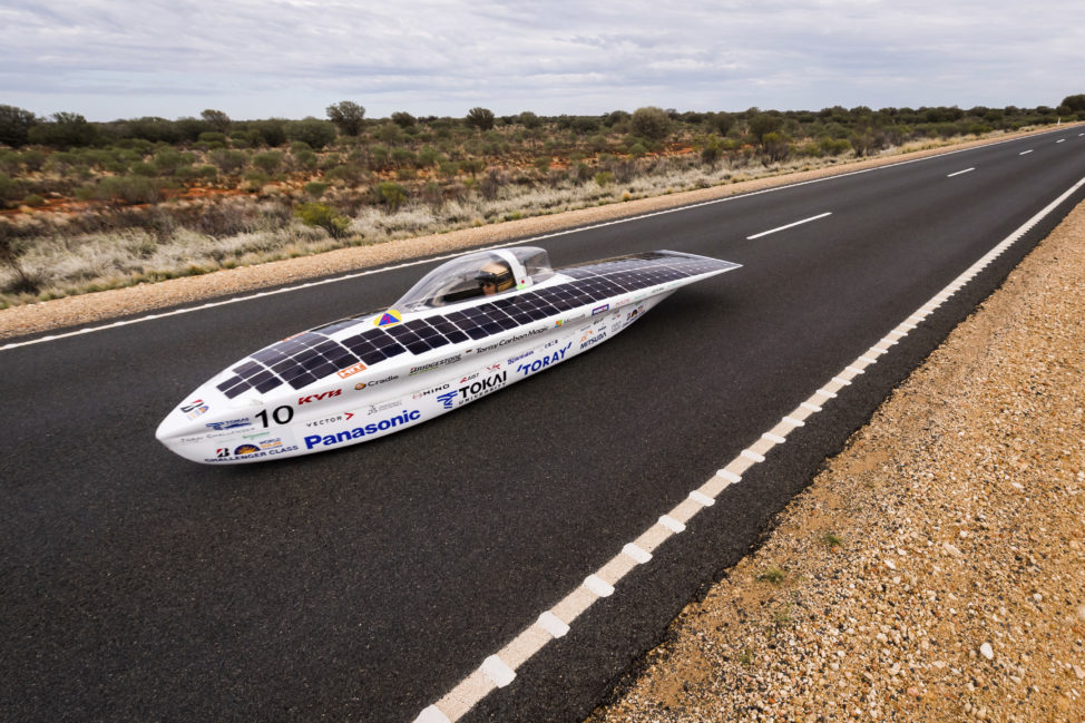 A solar car from Japan’s Tokai University car competes during the fourth race day of the 2017 World Solar Challenge near Kulgera, Australia on 10/11/17. 42 Solar cars from 21 different countries participate in a 3,000 km race from Darwin to Adelaide, Australia. (AP)