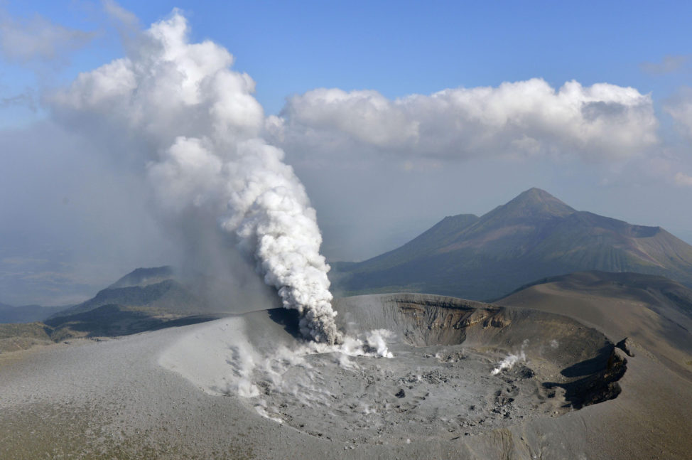 In a photo taken by Kyodo on 10/11/17, the Shinmoe volcano in Kirishima, Kagoshima prefecture, Japan is seen after erupting. (Kyodo via Reuters)