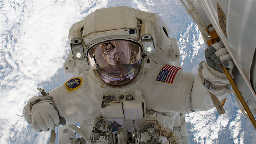 Astronaut Mark Vande Hei is pictured tethered to the outside of the U.S. Destiny laboratory module of the International Space Station during a spacewalk on 10/10/17. Vande Hei and other members of the ISS expedition 53 conducted three spacewalks or extravehicular activity events throughout October 2017. (NASA)