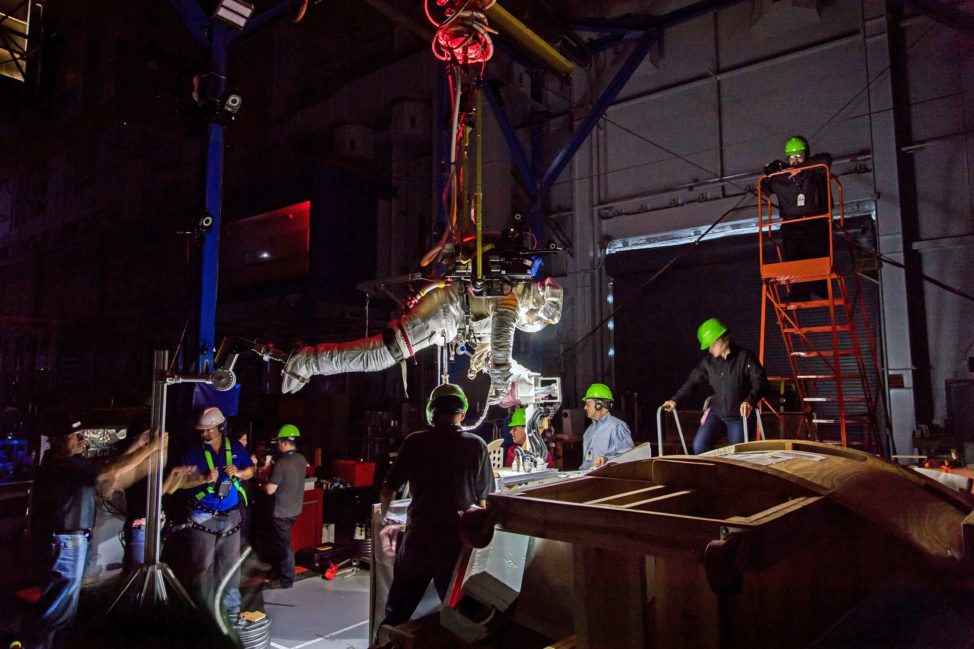 Astronaut, Jeremy Hansen of the Canadian Space Agency is suspended over a mock-up of the International Space Station during a microgravity simulation in the Active Response Gravity Offload System at NASA’s Johnson Space Center on 10/24/17. To mimic the 90 minute day to night cycle astronauts experience in orbit, testing was conducted in both light and darkness. The space agency says the crew’s feedback will be used for future space walks. (NASA/Josh Valcarcel)