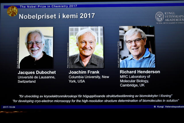 The names of Jacques Dubochet, Joachim Frank and Richard Henderson are displayed on the screen during the announcement of the winners of the Nobel Prize in Chemistry 2017, in Stockholm, Sweden, October 4, 2017. (TT News Agency/Claudio Bresciani via REUTERS)