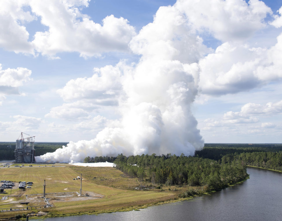 NASA engineers at the Stennis Space Center, in Mississippi, conducted a full test of a flight engine that’s scheduled to help power the space agency’s new Space Launch System rocket during Stennis Founders Day Open House activities on 10/19/17. (NASA/SSC)