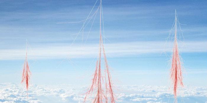 Cosmic rays interacting with the Earth's atmosphere producing ions that helps turn small aerosols into cloud condensation nuclei -- seeds on which liquid water droplets form to make clouds. (illustration - H. Svensmark/DTU)