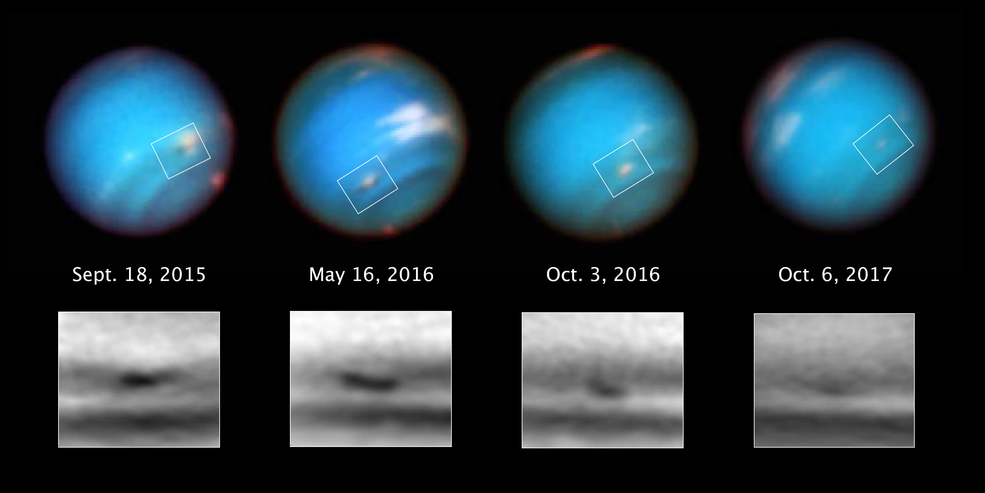 This series of Hubble Space Telescope images taken over 2 years tracks the demise of a giant dark vortex on the planet Neptune. (NASA, ESA, and M.H. Wong and A.I. Hsu (UC Berkeley))