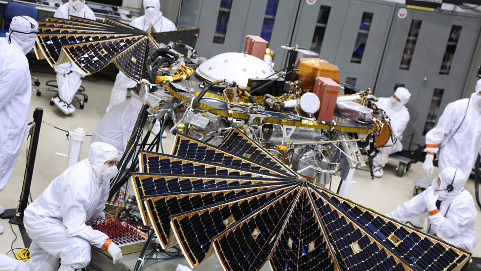 The solar arrays on NASA's InSight Mars lander were deployed as part of testing conducted Jan. 23, 2018, at Lockheed Martin Space in Littleton, Colorado. NASA says the launch window for the InSight mission will open May 5, 2018. (Lockheed Martin Space)