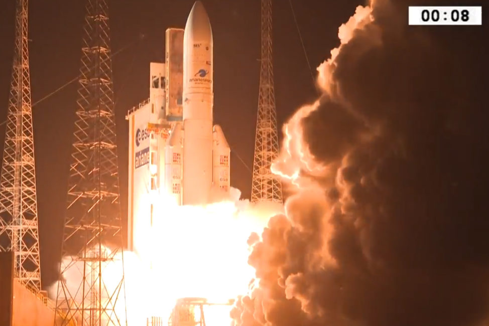 An Ariane-5 rocket, carrying the SES-14 Satellite, which hosted NASA’s Global-scale Observations of the Limb and Disk, or GOLD mission is seen being launch from the Guiana Space Centre in French Guiana on January 25, 2018. (Arianespace)