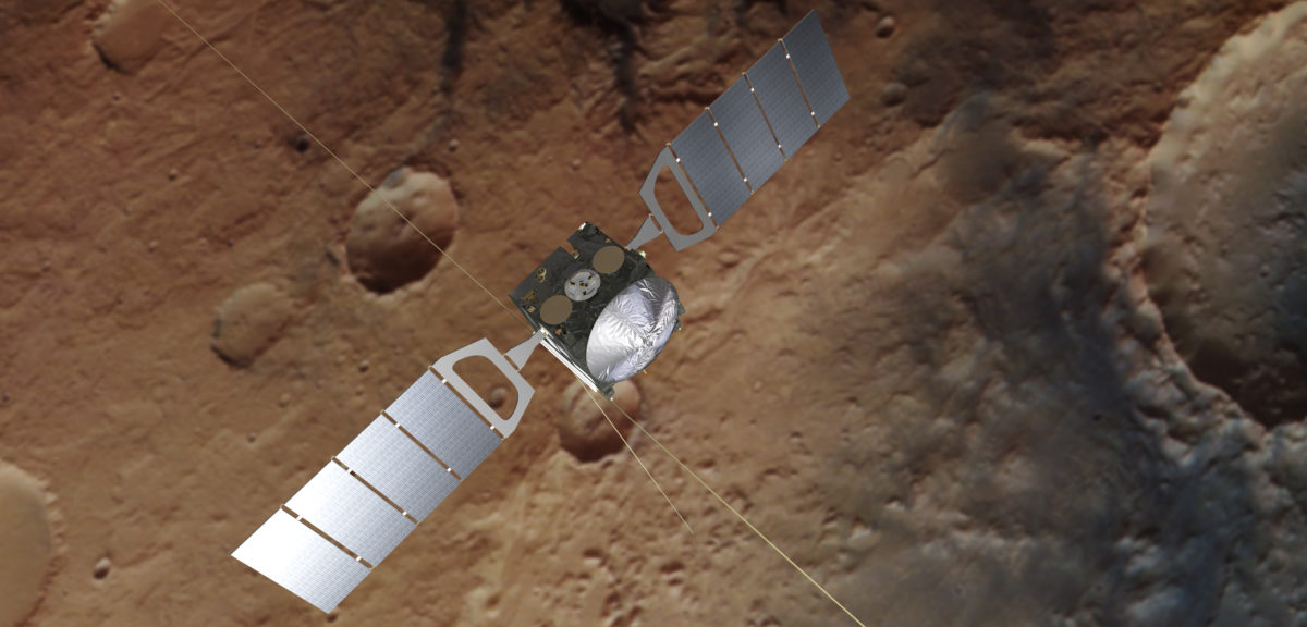 Artist's impression of Mars Express. The background is based on an actual image of the Red Planet taken by the spacecraft's high resolution stereo camera. (ESA/ATG medialab/DLR/FU Berlin, CC BY-SA 3.0 IGO)