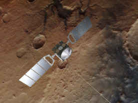Artist's impression of Mars Express. The background is based on an actual image of the Red Planet taken by the spacecraft's high resolution stereo camera. (ESA/ATG medialab/DLR/FU Berlin, CC BY-SA 3.0 IGO)