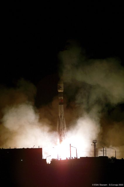Mars Express, launched on June 2, 2003, at 23h45 (local time) on board a Soyuz-Fregat rocket from the Baikonur Cosmodrome in Kazakhstan. (ESA/STARSEM-S. CORVAJA 2003)