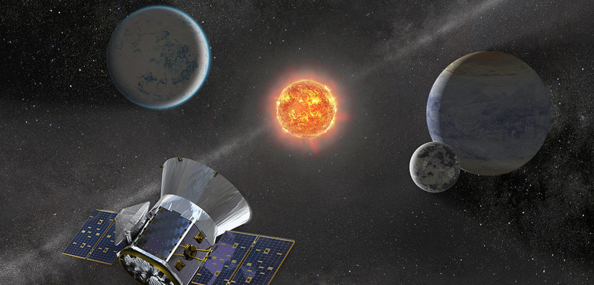 Illustration of NASA's Transiting Exoplanet Survey Satellite -- TESS -- observing an M dwarf star with orbiting planets. (NASA's Goddard Space Flight Center)