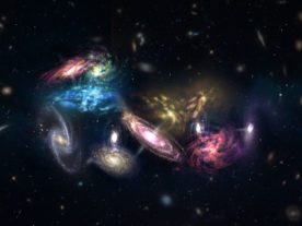 Artist impression of the 14 galaxies hdetected by ALMA as they appear in the very early, very distant universe. These galaxies are in the process of merging and will eventually form the core of a massive galaxy cluster. (NRAO/AUI/NSF; S. Dagnello)