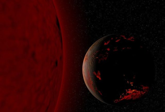 Illustration of what Earth may look like 5-7 billion years from now, when the Sun swells and becomes a Red Giant. (Fsgregs/Creative Commons Attribution-Share Alike 3.0 Unported via Wikimedia Commons)