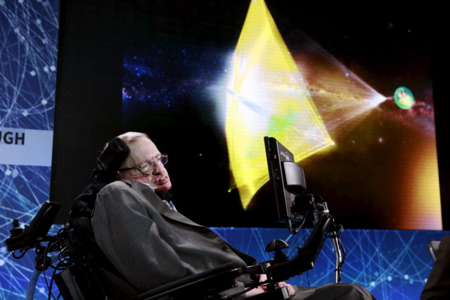 The late Physicist Stephen Hawking is seen here, in this April 12, 2016 photo, on stage during an announcement of the Breakthrough Starshot initiative in New York. (REUTERS/Lucas Jackson)