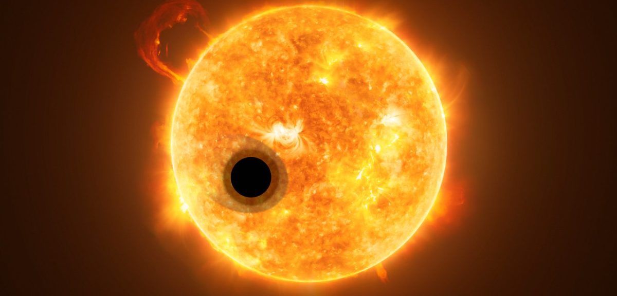 Artist rendering of the exoplanet WASP-107b transiting its highly active K-type main sequence star. (ESA/Hubble, NASA, M. Kornmesser)