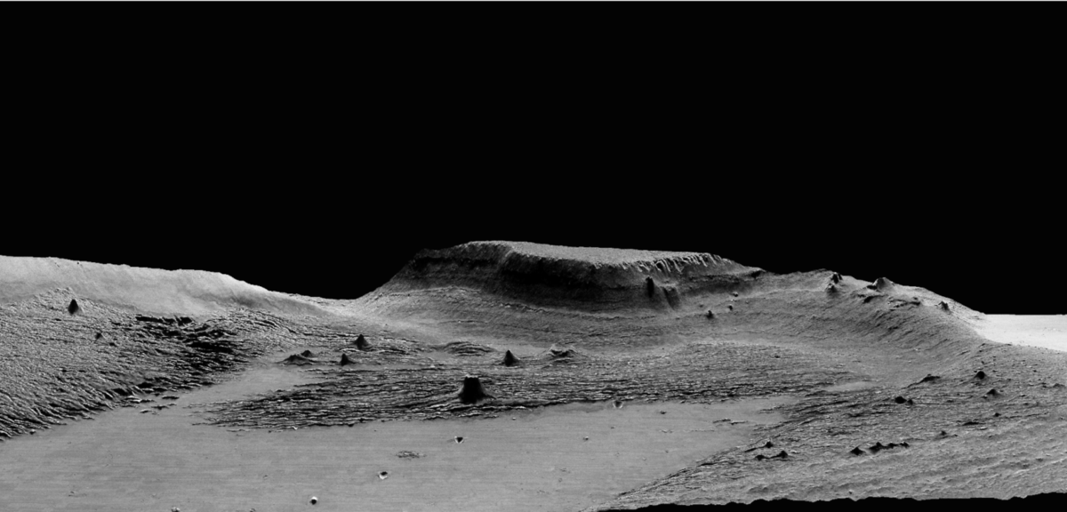 An isolated hill in the Medusae Fossae Formation. The effect of wind erosion on this hill is evident by its streamlined shape. (High Resolution Stereo Camera/European Space Agency)