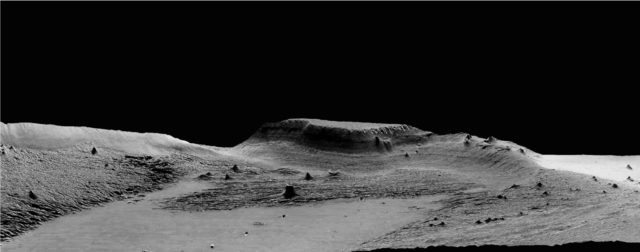 An isolated hill in the Medusae Fossae Formation. The effect of wind erosion on this hill is evident by its streamlined shape. (High Resolution Stereo Camera/European Space Agency)