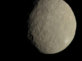 This image of Ceres approximates how the dwarf planet's colors would appear to the eye. This view of Ceres, produced by the German Aerospace Center in Berlin, combines images taken during Dawn's first science orbit in 2015. (NASA/JPL-Caltech/UCLA/MPS/DLR/IDA)