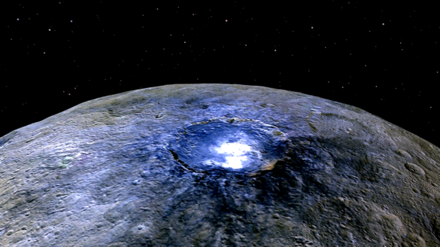 This representation of Ceres' Occator Crater in false colors shows differences in the surface composition. Red corresponds to a wavelength range around 0.97 micrometers (near infrared), green to a wavelength range around 0.75 micrometers (red, visible light) and blue to a wavelength range of around 0.44 micrometers (blue, visible light). Occator measures about 90 kilometers wide. (NASA/JPL-Caltech/UCLA/MPS/DLR/IDA)