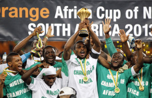 Nigerian players celebrate winning the Nations Cup trophy in Johannesburg. Photo: Reuters