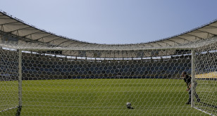 A ball crosses the line of a goal during a demonstration of goal-line technology at the Maracana Stadium in Rio de Janeiro, Brazil. Photo: Reuters