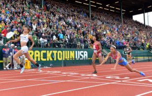 Sydney McLaughlin (left) sets a world junior record of 54.15 seconds in the women's 400m hurdles during the 2016 USA Olympic Track & Field Trials. Photo: Kirby Lee-USA TODAY Sports