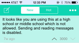 Image courtesy of Yik Yak shows the message users see when trying to access the app from an area Yik Yak has geo-fenced.