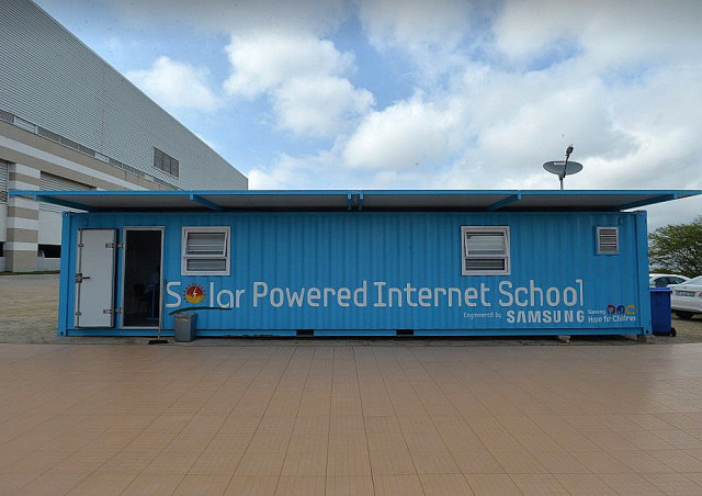 A repurposed shipping container, which was turned into one of Samsung's Solar Powered Internet Schools, the first of which was built in South Africa as part of the company's Hope for Children Initiative. (Samsung Electronics)