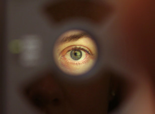 Iridian Technologies Lina Page has the iris of her eye reflected in a eye scanner that allows for physical access as she demonstrates her companies technology at Comdex 2001 in Las Vegas November 14, 2001. (Reuters)