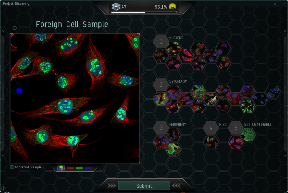 A screenshot of the Project Discovery interface EVE Online gamers use while tackling science challenges. (Project Discovery in EVE Online by CCP)