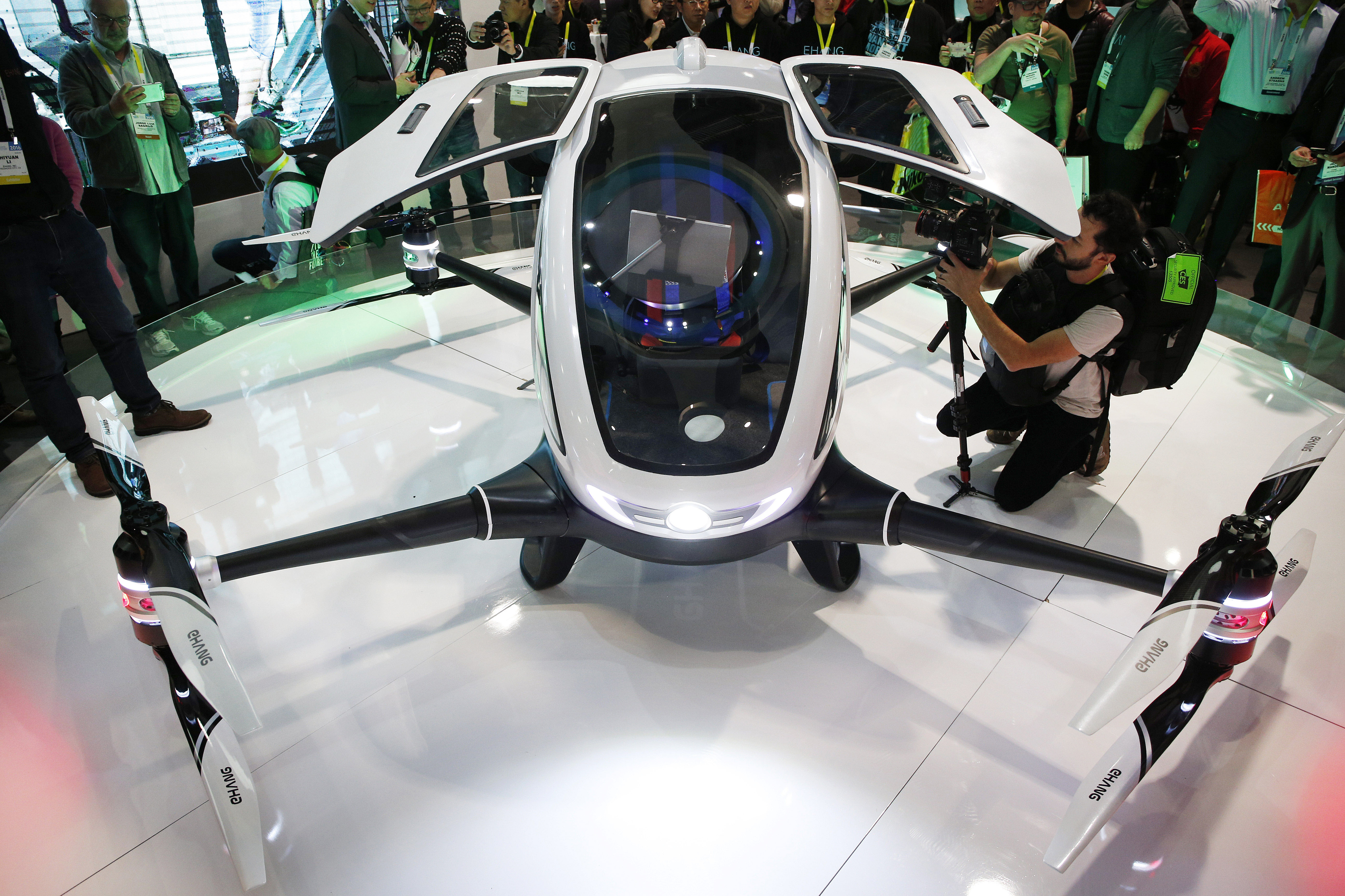 The EHang 184 autonomous aerial vehicle is unveiled at the EHang booth at CES International, Wednesday, Jan. 6, 2016, in Las Vegas, Nevada. (AP)