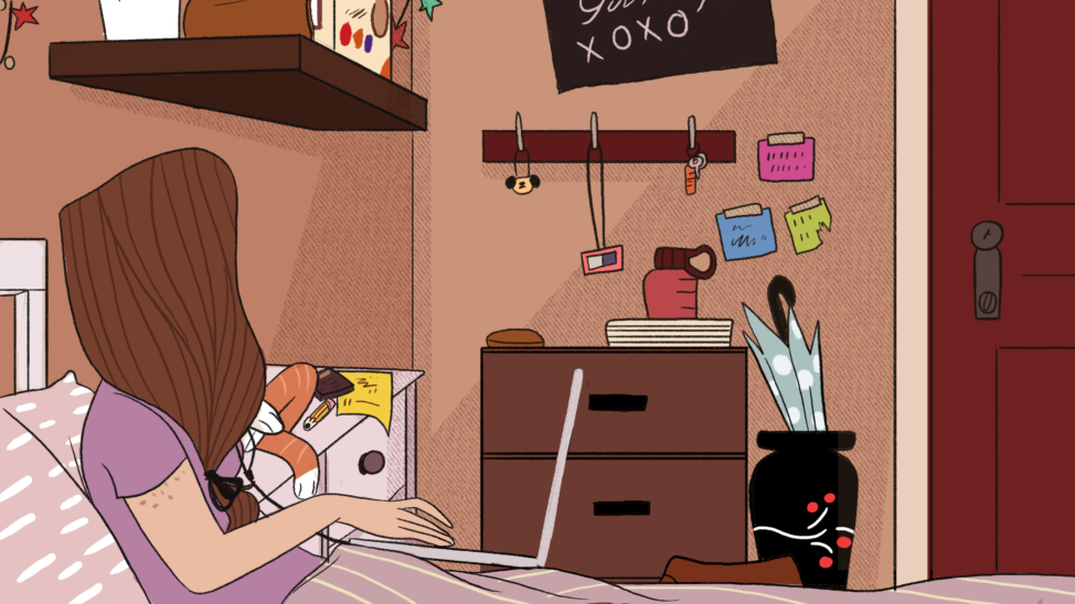 A screenshot from the game, 'The Average Everyday Adventures of Samantha Browne.' The character waits in her bedroom, fighting social anxiety before finding the courage to leave the bedroom and head for the communal kitchen, once it is free of people. (Reimena Yee)
