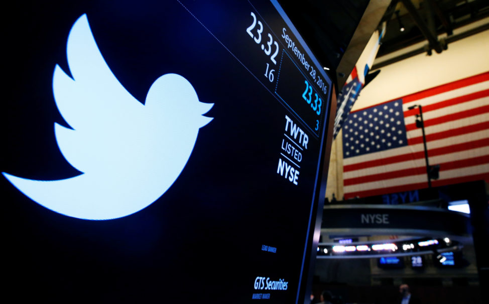 The Twitter logo is displayed on a screen at the New York Stock Exchange, New York City, Sept. 28, 2016. (Reuters) 