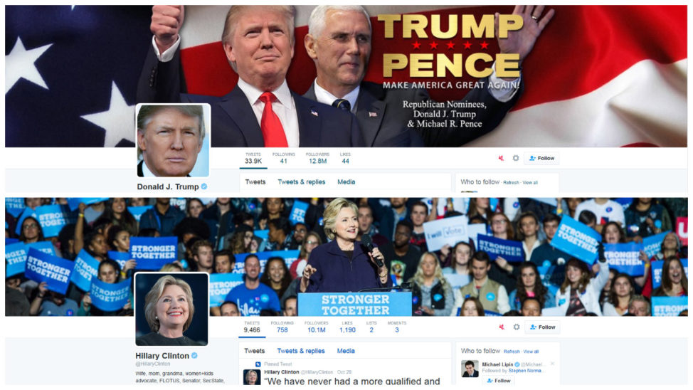 Screenshots from the Twitter pages of Republican presidential candidate Donald Trump (top) and Democratic presidential candidate Hillary Clinton (bottom). (Twitter)