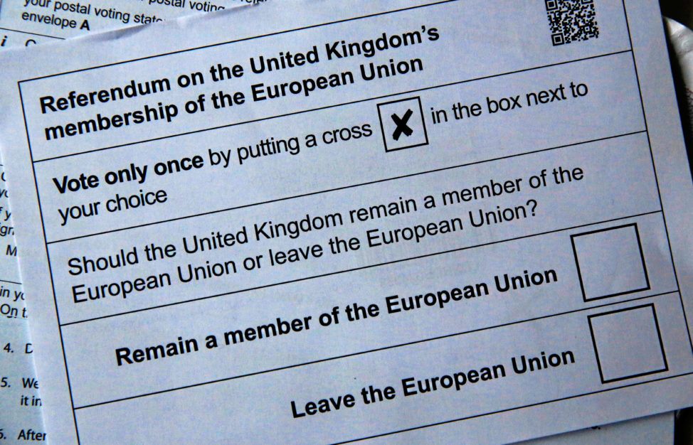 FILE - An illustration picture of postal ballot papers ahead of the June 23 Brexit referendum to decide whether Britain will remain in the European Union, London, June 1, 2016. (Reuters)