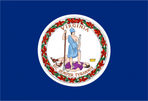 The Latin motto meaning “Thus Always to Tyrants!” — the same words spoken by John Wilkes Booth after he fatally shot President Abraham Lincoln — appears on the Virginia flag, in which the goddess Virtus (Virtue) subdues a Tyrant.