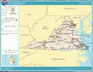 This shows Virginia in geographical context.  Both West Virginia and Kentucky to the west were originally part of the commonwealth.  (NationalAtlasl.com).  