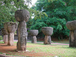 These are “latte stones” in the Guamanian village of Hagatna.  The stone pillars supported thatched roofs erected by ancient Chamorrans throughout the Marianas.  Their rounded capstones prevented rats from reaching the roofs. (Wikipedia Commons)