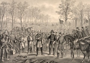 In this 1885 chromolithograph, Robert E. Lee, left center, surrenders his Confederate army to victorious Union general Ulysses S. Grant at Appomattox.  Grant gracefully declined to accept Lee’s sword, as was the custom.  (Library of Congress)