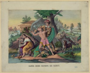 America’s most famous frontier scout and guide is depicted heroically in this 1884 color lithograph, “Daniel Boone Protects His Family.”  (Library of Congress)
