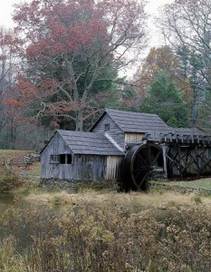 Mabry Mill, a restored 1910 gristmill, sawmill, and blacksmith shop, sits right on the Blue Ridge Parkway.  Old-timey skills such as weaving and seat caneing are demonstrated there each weekend, at least until mountain snows bury the place.  (Carol M. Highsmith)