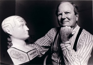 Here’s Bob with one of his favorite props — L.N. Fowler’s china model showing people’s “phrenology faculties.”  (www.museumofquackery.com)