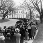 Just as in 1927 when this photo of a long White House tour queue was taken, such tours are still free.  But they are limited to those with tickets, obtained through members of Congress.  And security is a LOT tighter.  (Library of Congress)