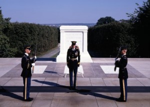 Guards change at the Tomb of the Unknowns once every half hour during the daytime — once an hour overnight and in the wintertime.  (Carol M. Highsmith)