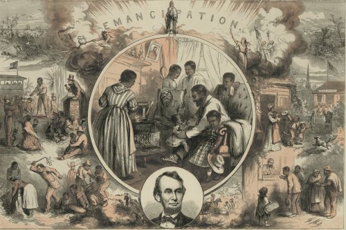 This engraving by Thomas Nast is one of several produced shortly after the war, extolling President Lincoln and his Emancipation Proclamation.  (Library of Congress)