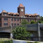 The old “end of the line” trolley barn, a Georgetown landmark just across Key Bridge from Virginia, is now owned and used by Georgetown University’s Public Policy Institute.  (Carol M. Highsmith)