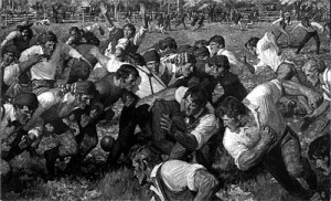 Someone illustrated the historic first scrap on a football team between Rutgers and Princeton.  Looks more like a rugby match.  (Rutgers University)