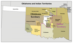 Oklahoma’s panhandle is shown in white on this map from the 1890s, when it was No-Man’s Land, and the rest of the state was in confusion.  (kmusser, Wikipedia Commons)