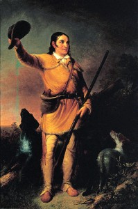 Davy Crocket, doffing his coonskin cap in this colorful painting by John Gadsby Chapman, was an early, restless, “mountain man.” (University of Texas at Austin)