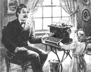 A 1945 Remington Company ad in “Collier’s” magazine featured Mark Twain, his daughter, and one of his typewriters.  Twain called the machine “a candidate for damnation.”  (twainquotes.com)