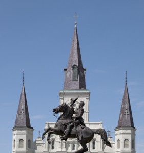 Here’s Andy, riding high in front of the St. Louis Cathedral in New Orleans’s Jackson Square.  (Carol M. Highsmith)